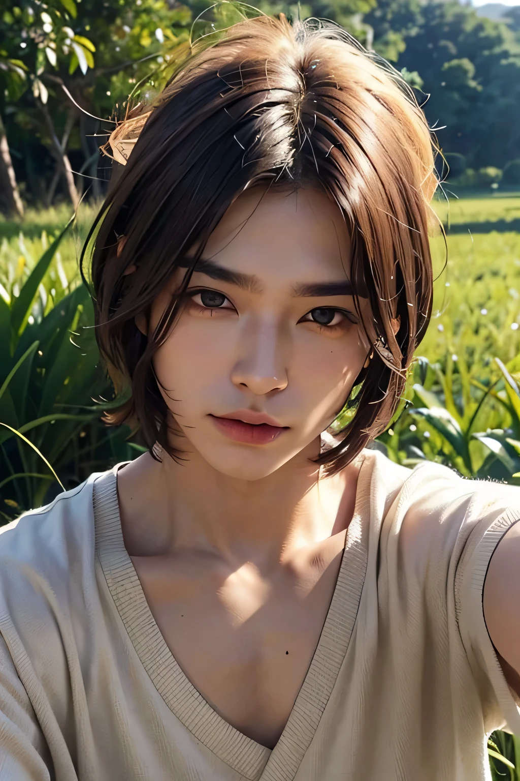 (male),Beautiful skin,No beard,jaw tendon,((drooping eyes)),brown eyes,tobacco,Hair Bob,Paddy field,Light tiger,men,Gunma people,(Japanese)