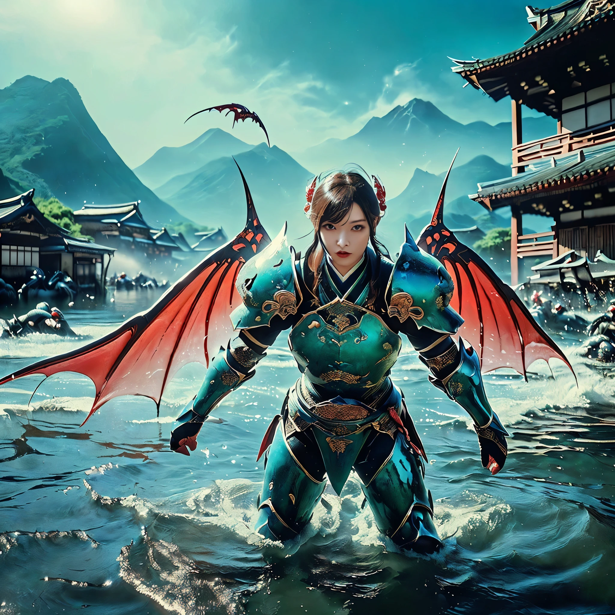Catastrophic tsunami, 300 meter tidal wave, (((Realistic, masterpiece, best quality, crisp detail, high definition, high detail, very rich detail, sharp focus, sharp detail, colorful, rich color, perfect studio lightning))), ((20 years old, beautiful goddes of water, floating, aqua color hair)),(((in the middle of war, epic war scene, attack stance))), wearing (((beautiful decorated blue heavy armor, water dragon armor, decorated full body armor, fully armored beautiful kimono, wide water diabolos wings))), (holding giant blade), (((blood everywhere, death everywhere, japan bakumatsu period, dead bodies,carcass, drowned japanese castle, catastrophic tsunami, flood, three headed water dragon)) flooded traditional village background, leviathan), heavy rain,