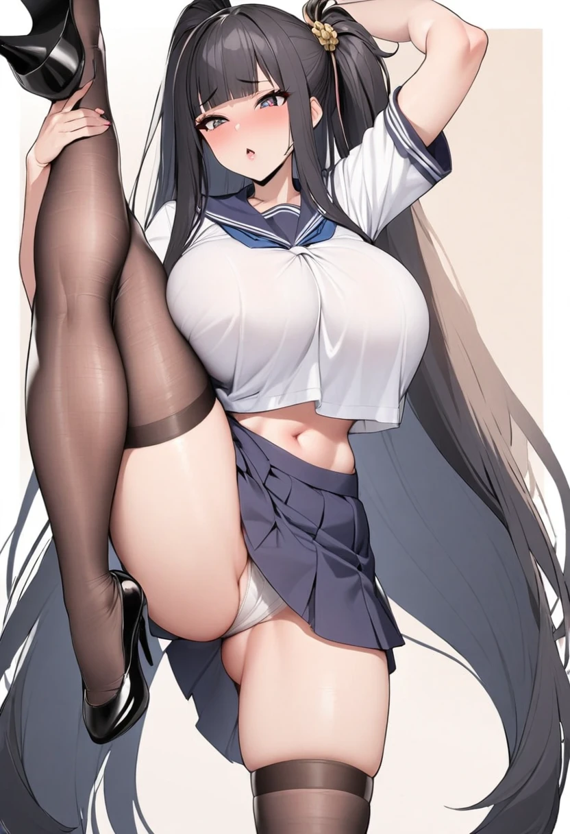 woman,Sailor top,long black hair,Qi bangs,huge breasts,stockings,Long heels,short skirt,lift one leg