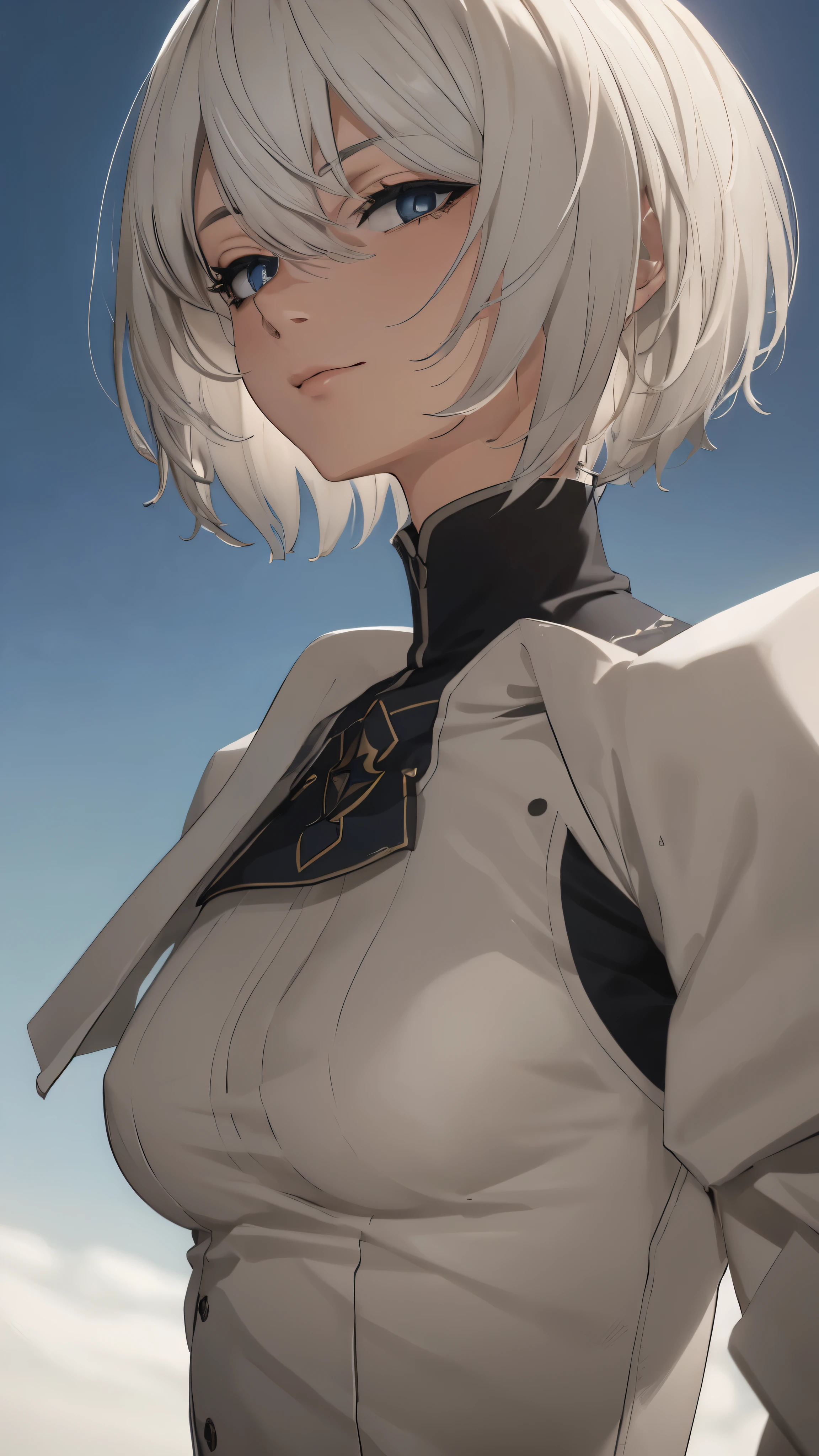 extremely detailed CG unity 8k wallpaper), (masterpiece), (best quality), (ultra-detailed), (best illustration), (best shadow), (absurdres) ,(detailed eyes), 2b, 1girl, short hair, white hair, solo, Intimidating women, admiral uniform, night, hero pose, white clothes, General Uniform, Military Uniform, Sunlight, exposed to sunlight,commander, fighting pose, wearing cape