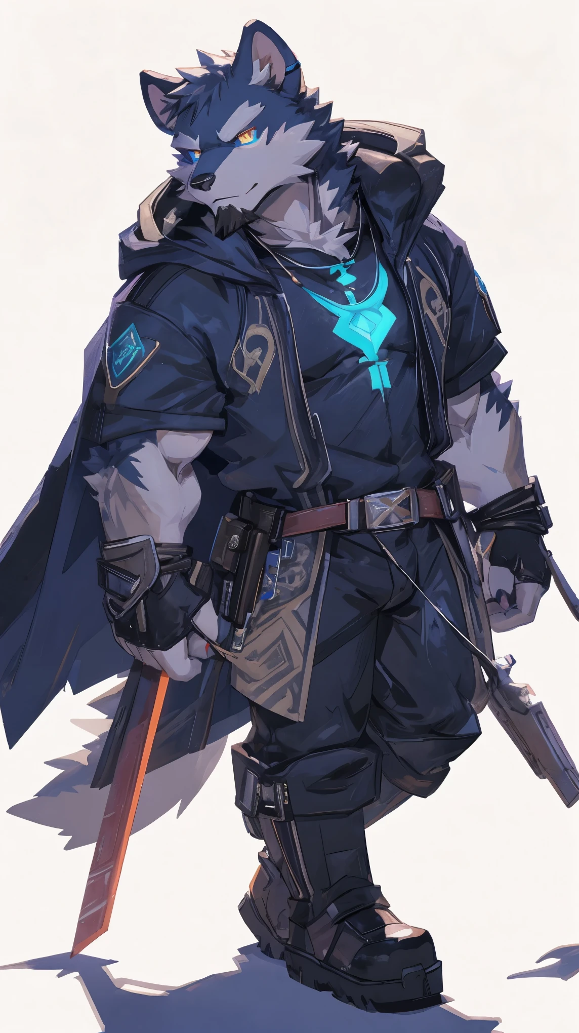 (masterpiece:1.2), best quality,pixiv,official art,perfect anatomy, (Ray tracing, light),solo, (1_male:1.3) , (muscle), (dark fur:1.4), (dynamic poses:1.3), (ultra deTailed), sharp focus, Negi, eyes, (glowing cyan eyes), hairy, (Gray fur:1.4),(muscle bear), (beard:1.3), Tail, Thick eyebrows,open hoodie, naked inside, cargo shorts, boots, ultra deTailed face, high deTails, high quality, (best quality,4K,8K,high resolution,masterpiece:1.2),bright colors, float in the sky, reach hand, (white background:1.3)