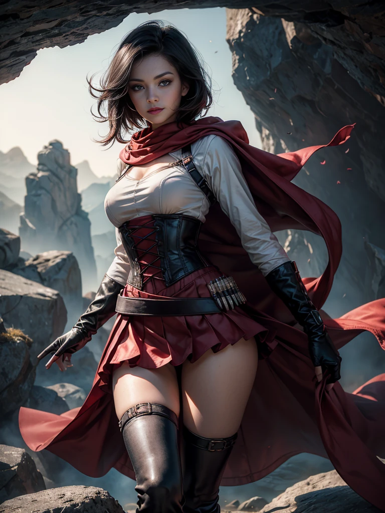 (masterpiece,stunning girlfriend, (standing:1.1), dynamic pose, heart shaped face,elegant face, beautiful face, highly detailed face, highly detailed skin, skin pores, subsurface scattering, realistic pupils, loving smile, looking at viewer, full lips, detailed background, depth of field, atmospheric perspective, volumetric lighting, sharp focus, absurdres, realistic proportions, good anatomy, (realistic, hyperrealistic:1.4), 16k hdr, 1girl,atlasrose, (short black hair), gradient hair, grey eyes, red cape, white shirt, pantyhose, belt, red skirt, corset, thigh boots, fingerless gloves,masterpiece,best quality,extremely detailed, rose petals, wind, evening, stars, standing, in cave entrance, undergound pool, rocks
