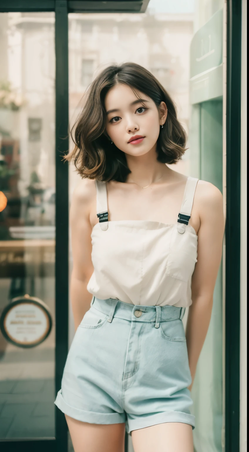 full-body portrait photograph of a young woman with "Wavy shoulder-length short hair." wearing shirt with pinafore, hotpant, oversized_breasts.", she is strongest woman on Earth, beautiful_breasts. sensual body, standing, cute styl chlotes, in a unique, photoshot model, standing in front of a flower shop window building, neutral colors, Pastel tone, soft light, photo, portrait photography, cinematic