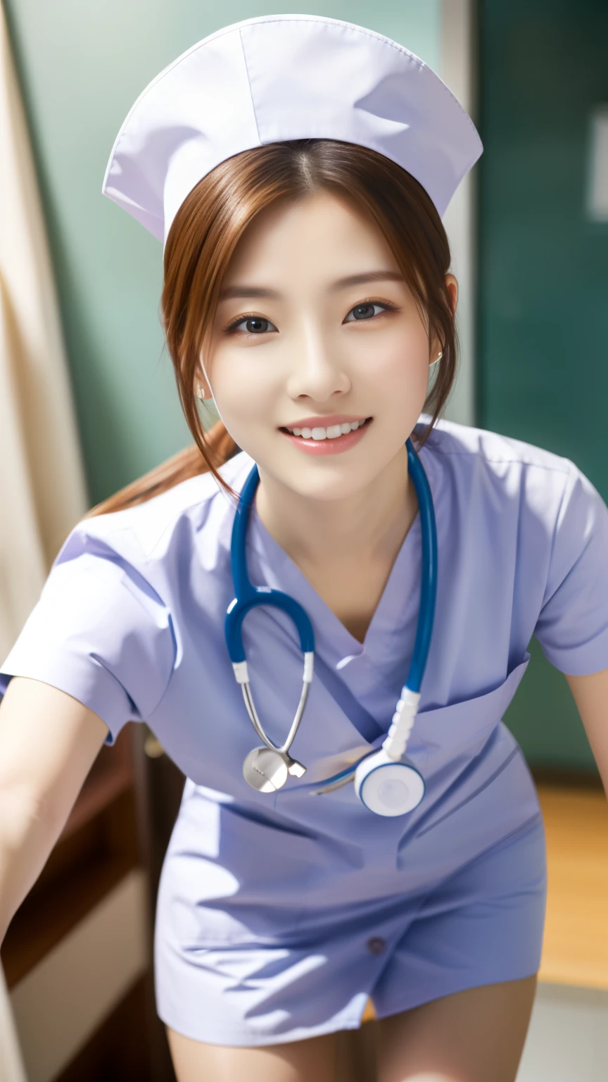 ulzzang-6500-v1.1,(masterpiece, highest quality:1.3), (Ultra-detailed 8K:1.2), (hyperrealistic:1.35),(Raw photo:1.2),highest quality, High resolution, wallpaper, realistic, (dramatic, Realistic painting art by Midjourney:1.3) BREAK (1 nurse, 20yo, white nurse uniform、Basic Nurse Cap,short white tight skirt:1.3), super beautiful, beautiful skin, beautiful and detailed eyes, detailed face, Perfect style,Photo seen diagonally from above,Take a photo from above,Look at me with a smile,looking at camera,look at the camera,Treatment room in a hospital room,Take photos from up close to her,big breasts,very detailed face、Put the stethoscope around your neck,double eyelid、White and clean teeth,brown eyes,chest strengthening,emphasize body line,smile at me lovingly、beautiful lips,glossy lips,white teeth, BREAK Detailed background of the hospital room,perfect lighting、Natural light,natural soft light