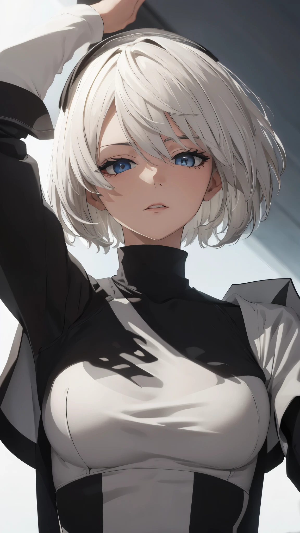 extremely detailed CG unity 8k wallpaper), (masterpiece), (best quality), (ultra-detailed), (best illustration), (best shadow), (absurdres) ,(detailed eyes), 2b, 1girl, short hair, white hair, solo, Intimidating women, admiral uniform, night, hero pose, white clothes, General Uniform, Military Uniform, Sunlight, exposed to sunlight,commander, fighting pose, wearing cape