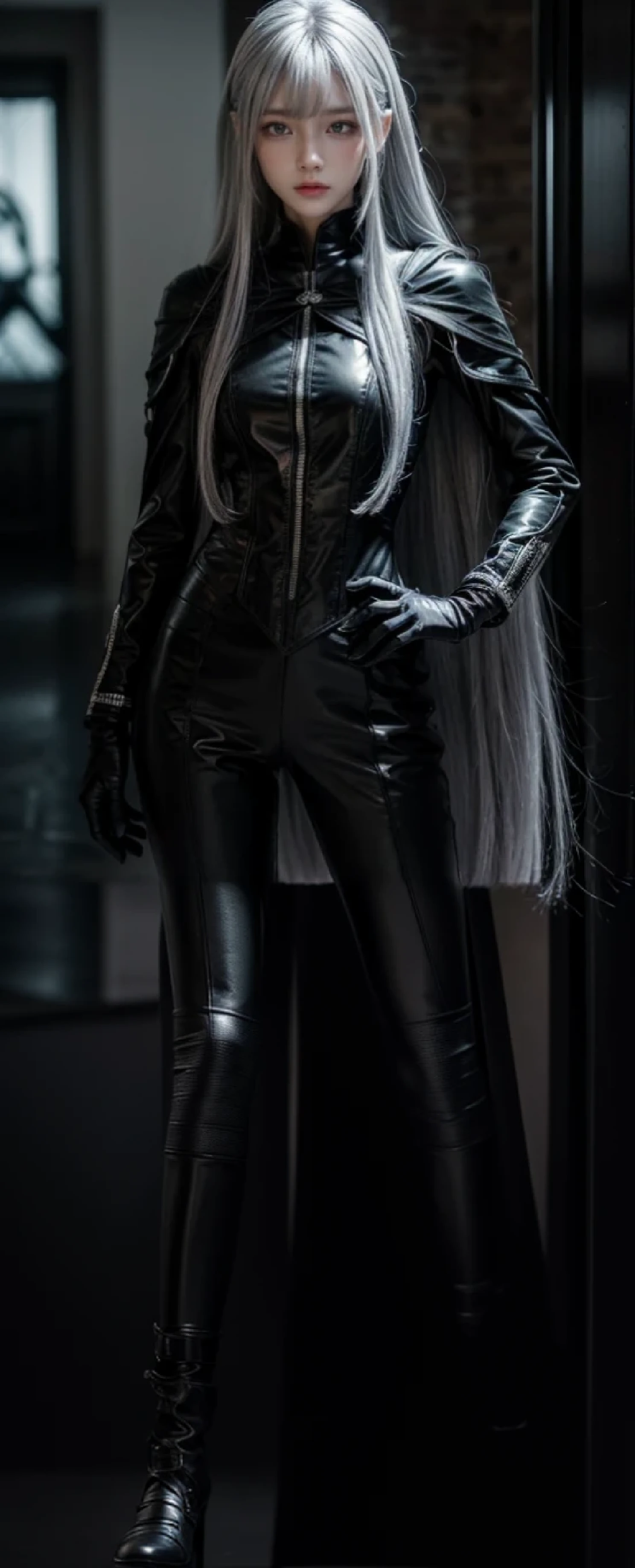 black military uniform,whole body,Height: 168cm,almond shape eyes,{{{{{silver eyes}}}}},{{{{{dull bangs}}}}},(slanted eyes},{{whole body},{{{1 girl}}}, long hair, straight hair,{{{{silver hair}}}},{{{tsurime}}},30 years old,{Medium chest},{{bush}},silver eyes,{{{masterpiece}}}, {{{highest quality}}}, {{Super detailed}}, {shape}, {{very delicate and beautiful}},very detailed,detailed perfect,detailed hyper,Abundant thighs,big ass