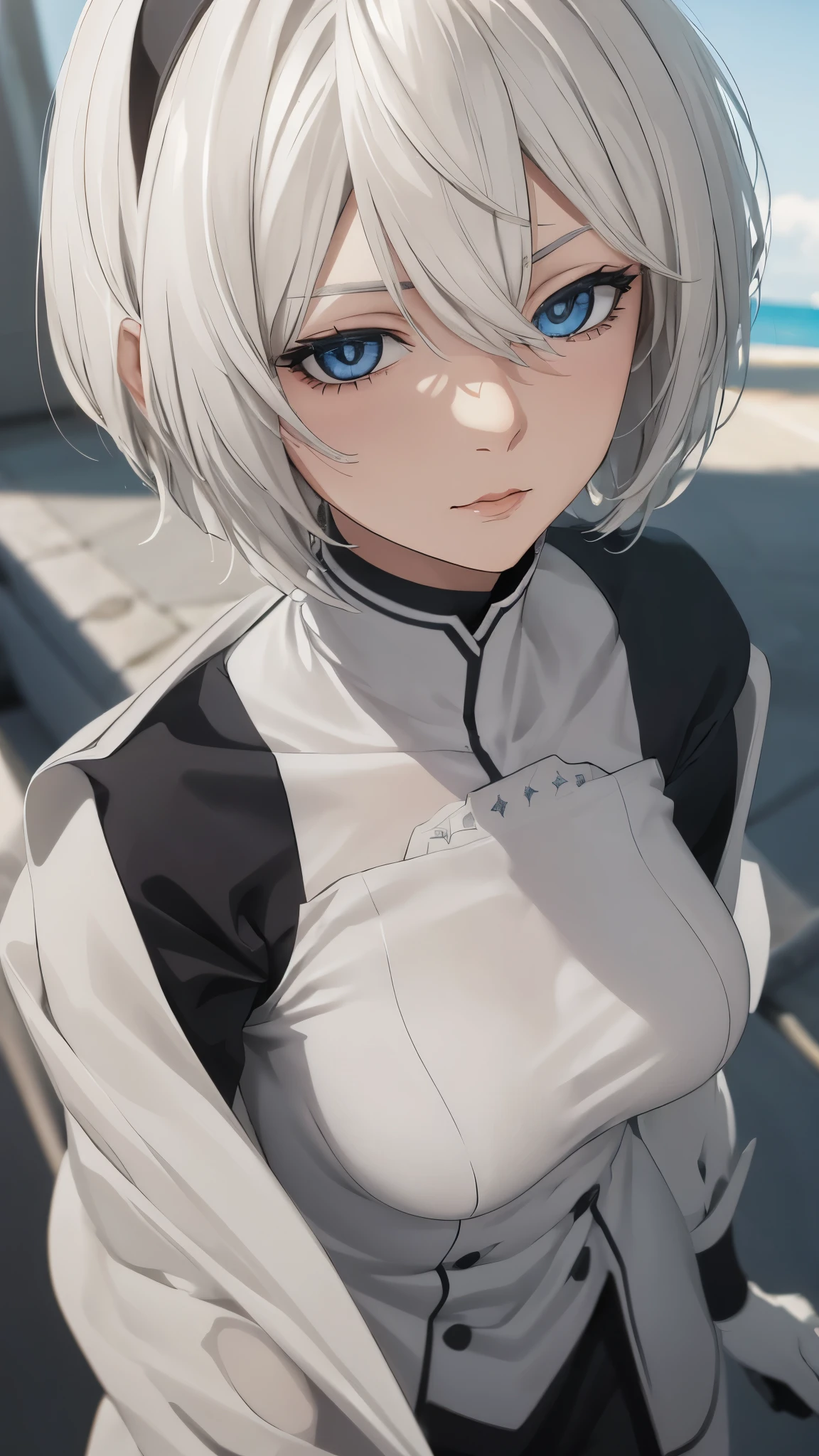 extremely detailed CG unity 8k wallpaper), (masterpiece), (best quality), (ultra-detailed), (best illustration), (best shadow), (absurdres) ,(detailed eyes), 2b, 1girl, short hair, white hair, solo, Intimidating women, admiral uniform, night, hero pose, white clothes, General Uniform, Military Uniform, Sunlight, exposed to sunlight,commander, fighting pose, wearing cape