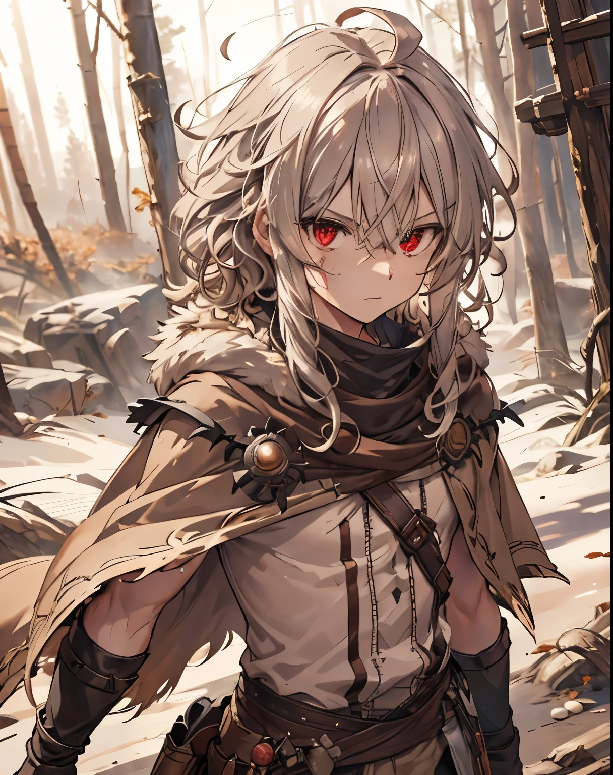 masterpiece, 1men, sparrow, a silver  haired men, wearing a barbarian clothes, curly medium hair, messy hair, slim body, wearing brown furry capelet, he close her left eye, shirt ornament, serious expression, red eyes, stand at forest, ahoge, 