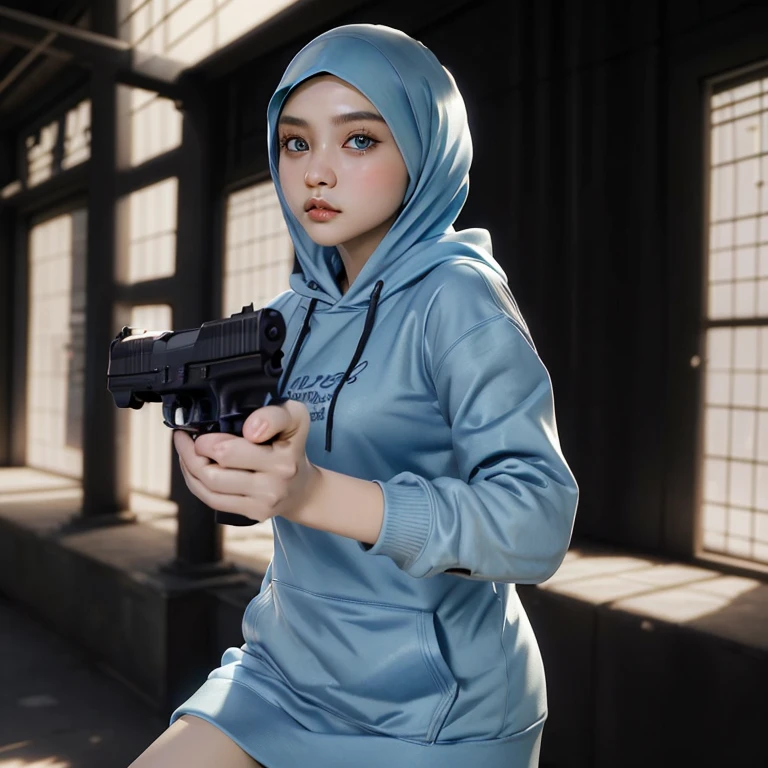 1 malay girl, blue eyes , pastel hijab , aiming at viewer, holding pistol, handgun, masterpiece, detailed shadows, detailed light, highly detailed, best quality, HD, 4K, high quality, serious face, hoodie, cinematic lighting,