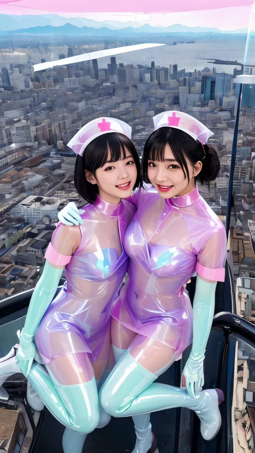 (masutepiece:1.0), (Best Quality:1.4), (A high resolution:1.2), (Photorealistic:1.4),(from above:1.5), (8K, Raw photo:1.2), (Soft Focus:1.4),BREAK,There is 2 girls wearing latex nurse who is hugging each other and jumping to the sky and smiling and taking pictures.............................................................,full body lesbian,( her whole body covered with black latex:1.3),BREAK ,(one girl is wearing a translucent latex clear nurse:1.4),BREAK,(another girl is wearing a translucent latex clear nurse:1.4),BREAK,Slime skin,smooth tight nurse, translucent skin,Latex, Translucent body,latex shiny,detailed hand fingers,(glossy latex gloves:1.2), The perfect costume for your skin,BREAK,bob hair,(mint hair:1.3),glossy shiny reflective,natural make up,goddess of Japan, Glossy skin,gorgeous  japanese model,Tecateca,shiny,Slimy,(Glossy black thigh-high boots:1.2),BREAK,detailed background,in the middle of a city,(floating above a dense night city:1.6),(floating over a city:1.6),