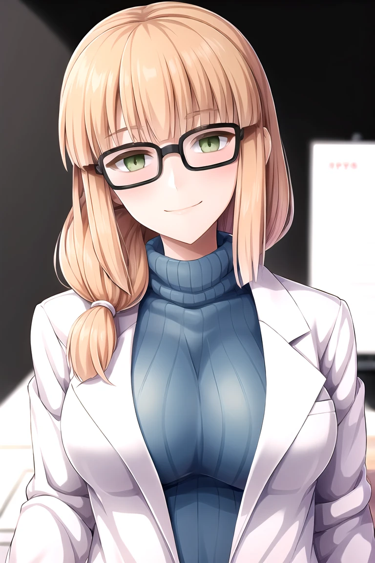masterpiece, best quality, pastOleana, medium hair, blunt bangs, tied hair, hair over shoulder, glasses, labcoat, blue turtleneck sweater, long sleeves, large breasts, upper body, looking at viewer, smile, tired, office