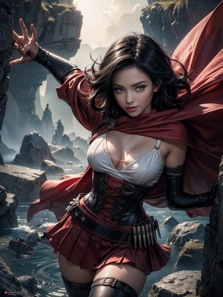 (masterpiece, top quality, best quality, official art, beautiful and aesthetic:1.2), (1girl:1.3), long and curly dark brown hair, extremely detailed, portrait, looking at viewer, solo, (full body:0.6), detailed background, close up, mischievous eyes, (warm summer castle theme:1.1), sorceress, charlatan, smirk, mysterious, walking in courtyard, revealing ((dark red)) sorcerer attire, red knee-length red skirt, off shoulder, straps, long sleeves, loose sleeves, cloak, corset, black leggings, black trousers, black pants, long brown boots, buckles, straps, pouches, glowing magical energy, casting a spell, red fabric, white trim, gigantic breasts, cleavage, skindentation, slim waist, slim hips, long legs, medieval (castle exterior:1.1) background, dark mysterious lighting, shadows, magical atmosphere, dutch angle, (((Balsamique)))