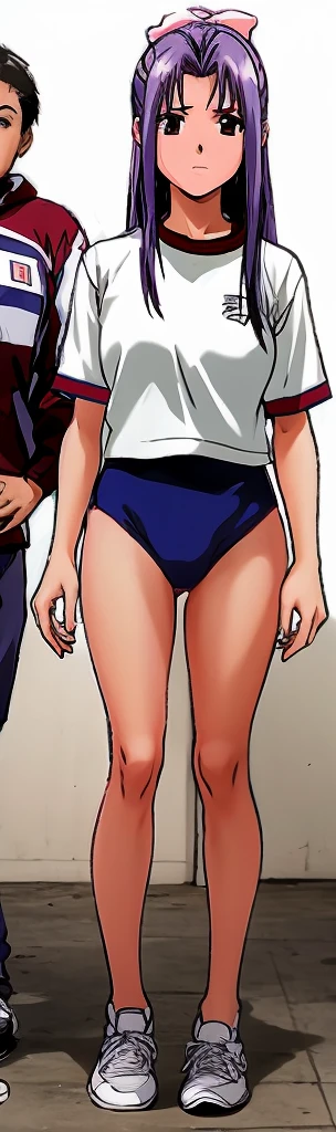 Momoko Koigakubo, a tall girl with beautiful legs, is wearing white gym clothes and light navy blue bloomers that look like panties. She stands there with her legs spread to the sides and her mouth open, with a stunned expression on her face.。Doing Comanechi pose。blush。Standing next to her is a female teacher with a bob cut and wearing tracksuit pants.。