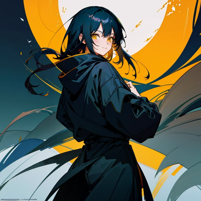 Anime man with yellow eyes and black hair in black hoodie, High quality anime art style, artwork in the style of guweiz, digital anime illustration, anime style character, smile, simple back ground