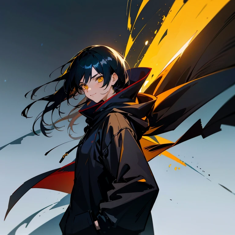 Anime man with yellow eyes and black hair in black hoodie, High quality anime art style, artwork in the style of guweiz, digital anime illustration, anime style character, smile, simple back ground