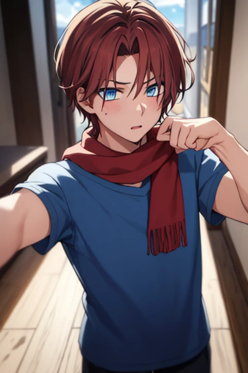 best quality, high quality, 1boy, seulement, foyer masculin, regarder le spectateur, haut du corps;is that, yeux bleus, ornement de cheveux, plumes, , foulard, brown hair with a red streak, tanned skin with a t-shirt.