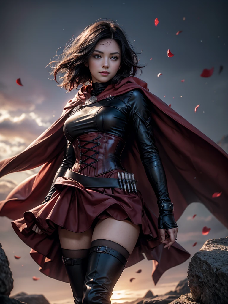 (masterpiece,stunning girlfriend, (standing:1.1), dynamic pose, heart shaped face,elegant face, beautiful face, highly detailed face, highly detailed skin, skin pores, subsurface scattering, realistic pupils, loving smile, looking at viewer, full lips, detailed background, depth of field, atmospheric perspective, volumetric lighting, sharp focus, absurdres, realistic proportions, good anatomy, (realistic, hyperrealistic:1.4), 16k hdr, 1girl,atlasrose, (short black hair), gradient hair, grey eyes, red cape, white shirt, pantyhose, belt, red skirt, corset, thigh boots, fingerless gloves,masterpiece,best quality,extremely detailed, rose petals, wind, evening, stars, standing, in cave entrance, undergound pool, rocks