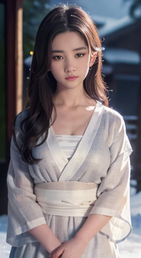 ((best quality, 8k, Masterpiece :1.3)), Sharp focus:1.2 , Virtual image,(movie light),face detail surface. eye details. Double eyelids, slim body. very small breasts, 12 year old girl, Realistic photos:1.37,perfect eyes, ((1 The girl wore a very loose-fitting white yukata.)),(white sash),(Ultra-thin fabric),((Linen Ragged)),Have a figure,brown hair,My hair is shoulder length and loose.,Qi Bang,Kneeling in the snow,like full body.,Open chest shirt,fold,((Solid color backdrop)),I'm a shy person.,will blush.