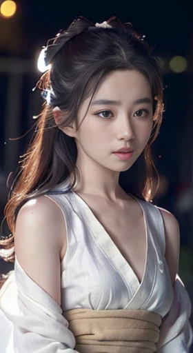 ((best quality, 8k, Masterpiece :1.3)), Sharp focus:1.2 , Virtual image,(movie light),face detail surface. eye details. Double eyelids, slim body. very small breasts, girl, Realistic photos:1.37,perfect eyes, ((1 The girl wore a very loose-fitting white yukata.)),(white sash),(Ultra-thin fabric),((Linen Ragged)),Have a figure,brown hair,My hair is shoulder length and loose.,Qi Bang,Kneeling in the snow,like full body.,Open chest shirt,fold,((Solid color backdrop)),I'm a shy person.,will blush.