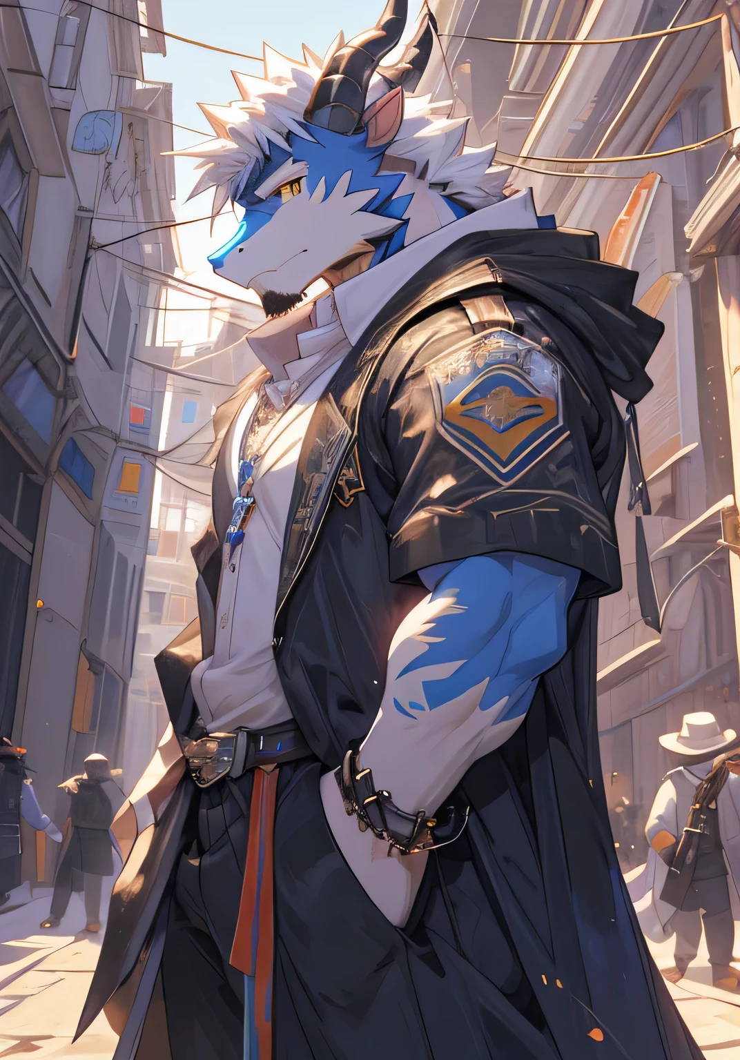 (masterpiece),(Very detailed),(high detail),(best quality),hairy,dragon,dragon scales,dragon horn,blue fur,white hair,golden pupils,8k,((high quality)),(street background),(Blue and white school uniform:1.2),(Shota:1.2)