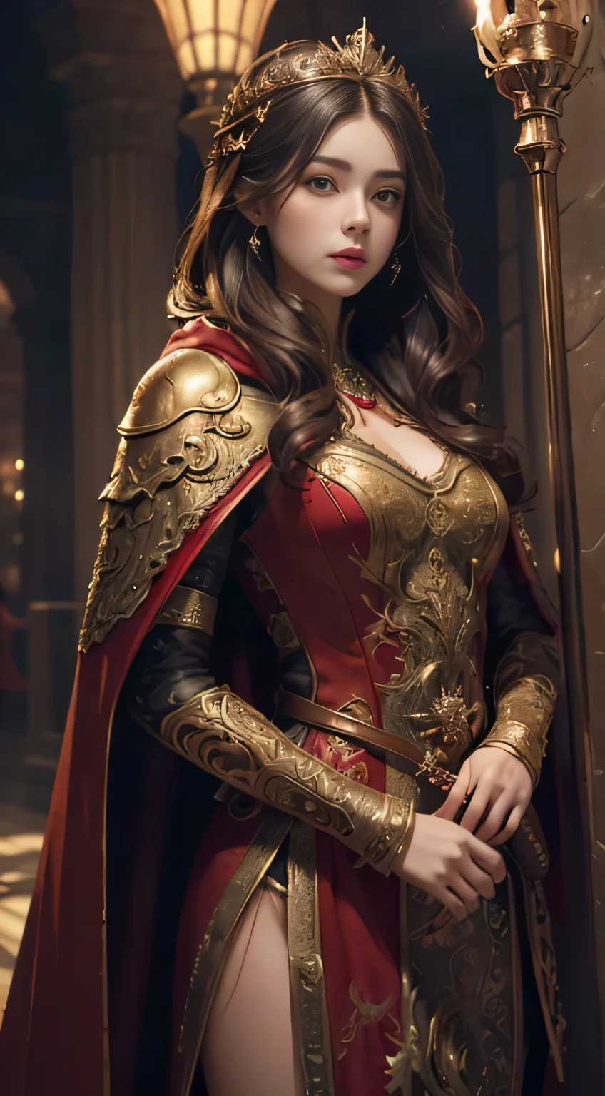 ((Masterpiece))), ((Best Quality))), ((Ultra Detailed)), (Surreal), (Highly Detailed CG Illustration), Cinematic Light, Realistic, Very Beautiful Young Lady,Sexy, Light Makeup, Intricate Details EABA, Red Cloak, Spear