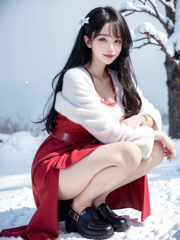daughter,face camera,squatting and sitting,Slender legs,bare legs,(Focus on the thighs),((External,Actual heavy snowfall,Cloak,covered with snow,(lolita costume), Horizontal viewing angle)), , (8K, .The original, professional, best quality, masterpiece: 1,2), (endless realism), super detailed, huge breasts, thin waist,(Skin with the highest level of detail: 1,2), (The dial is exquisitely detailed:1.2),Small red leather shoes , looking at camera, Put your hands behind your back,Happy expression,乖巧obedient,Follow everything,性格温柔obedient、Likeable,付出型性格和Likeable的个性,绝对obedient、obedient,waiting for command