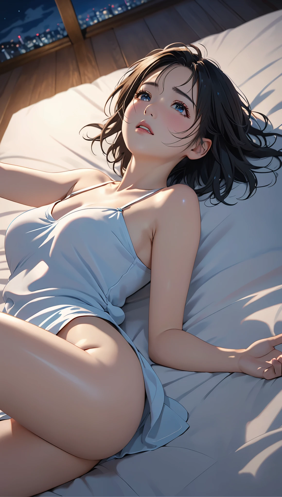 nsfw,(((I want to see up to my kneecaps:1.5、Full body Esbian:1.5)))、masterpiece, High resolution, figure, Kyoto animation style, your name is movie style, night, midnight, light, (1 female: 1.3), (alone: 1.4), long eyelashes, short bob, nose becomes red, lying down, naked, lying on the bed、Tears are flowing、(outstretched hand:1.2)、dynamic pose