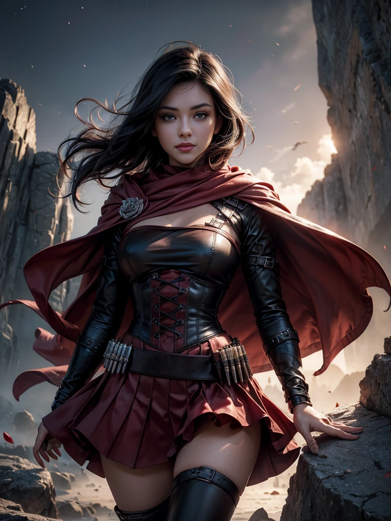 (masterpiece,stunning girlfriend, (standing:1.1), dynamic pose, heart shaped face,elegant face, beautiful face, highly detailed face, highly detailed skin, skin pores, subsurface scattering, realistic pupils, loving smile, looking at viewer, full lips, detailed background, depth of field, atmospheric perspective, volumetric lighting, sharp focus, absurdres, realistic proportions, good anatomy, (realistic, hyperrealistic:1.4), 16k hdr, 1girl,atlasrose, (short black hair), gradient hair, grey eyes, red cape, white shirt, pantyhose, belt, red skirt, corset, thigh boots, fingerless gloves,masterpiece,best quality,extremely detailed, rose petals, wind, evening, stars, standing, in cave entrance, undergound pool, rocks