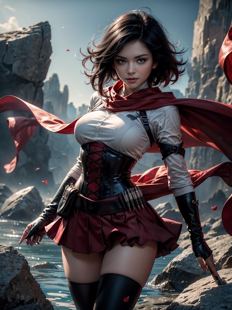 (masterpiece,stunning girlfriend, (standing:1.1), dynamic pose, heart shaped face,elegant face, beautiful face, highly detailed face, highly detailed skin, skin pores, subsurface scattering, realistic pupils, loving smile, looking at viewer, full lips, detailed background, depth of field, atmospheric perspective, volumetric lighting, sharp focus, absurdres, realistic proportions, good anatomy, (realistic, hyperrealistic:1.4), 16k hdr, 1girl,atlasrose, (short black hair), gradient hair, grey eyes, red cape, white shirt, pantyhose, belt, red skirt, corset, thigh boots, fingerless gloves,masterpiece,best quality,extremely detailed, rose petals, wind, evening, stars, standing, in cave entrance, undergound pool, rocks