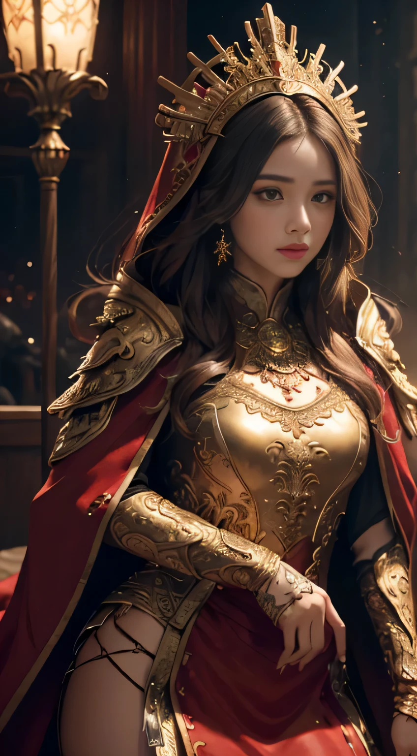 ((Masterpiece))), ((Best Quality))), ((Ultra Detailed)), (Surreal), (Highly Detailed CG Illustration), Cinematic Light, Realistic, Very Beautiful Young Lady,Sexy, Light Makeup, Intricate Details EABA, Red Cloak, Spear