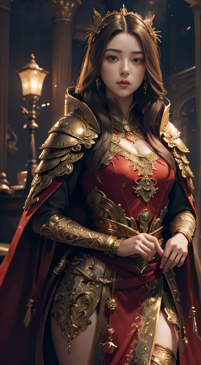 ((Masterpiece))), ((Best Quality))), ((Ultra Detailed)), (Surreal), (Highly Detailed CG Illustration), Cinematic Light, Realistic, Very Beautiful Young Lady,Sexy, Light Makeup, Intricate Details EABA, Red Cloak, Spear