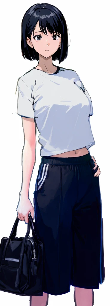 An adult woman with a bob cut hairstyle is standing wearing white gym clothes and dark blue shorts.。