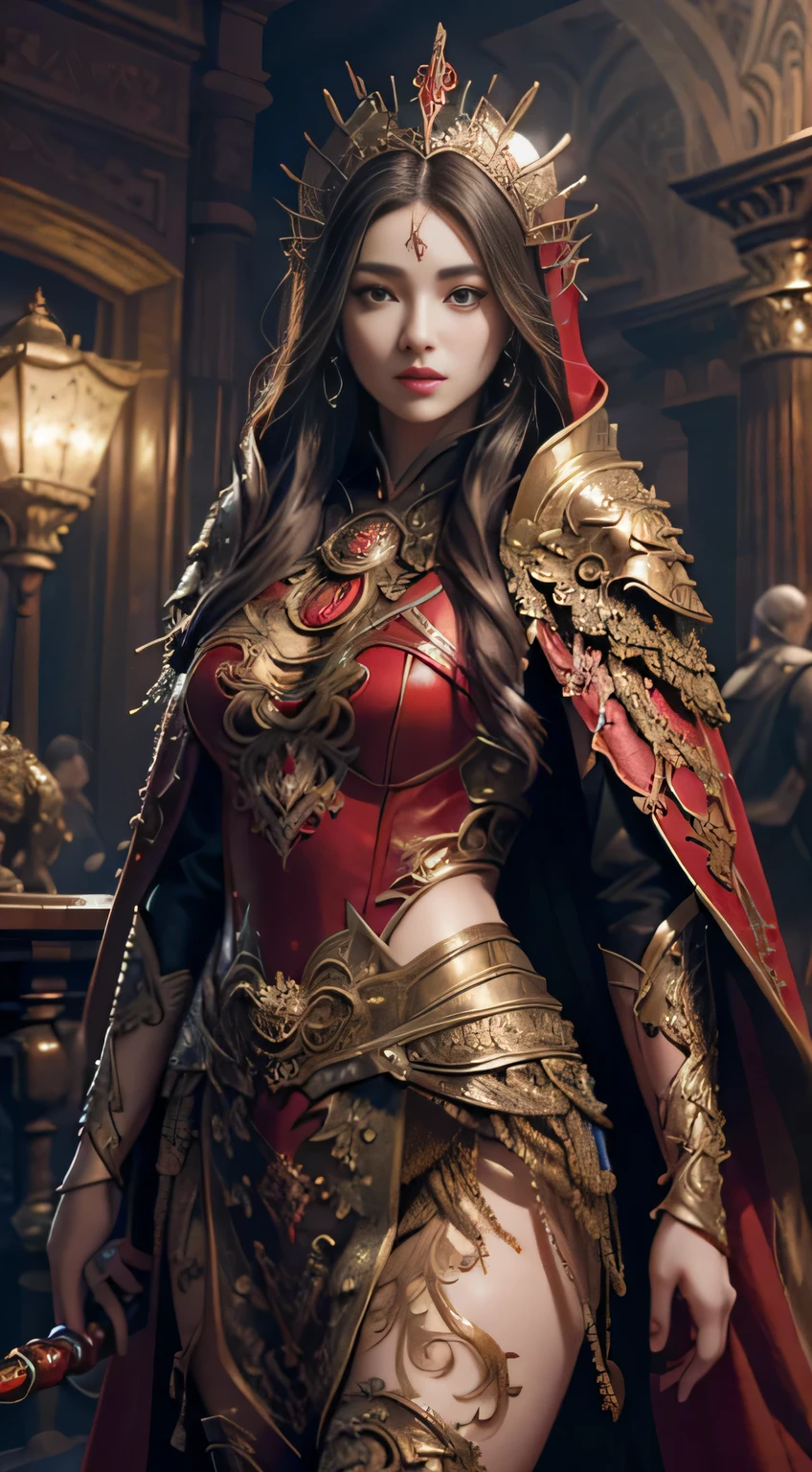 ((Masterpiece))), ((Best Quality))), ((Ultra Detailed)), (Surreal), (Highly Detailed CG Illustration), Cinematic Light, Realistic, Very Beautiful Young Lady,Sexy, Light Makeup, Intricate Details EABA, Red Cloak, Spear