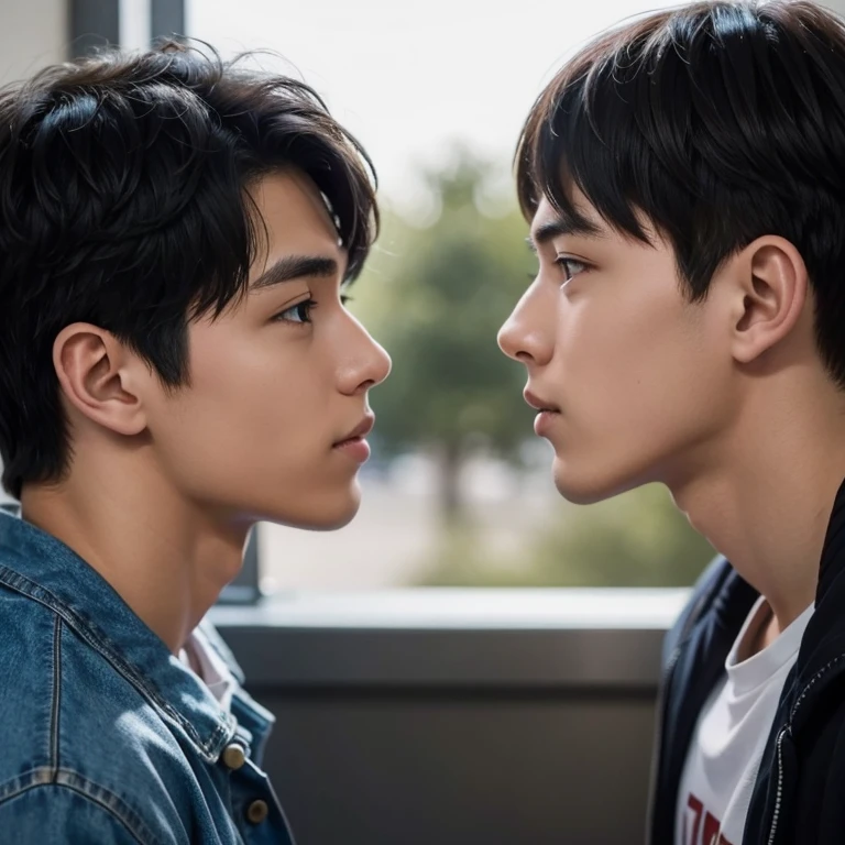 Two high school boys staring at each other in love 