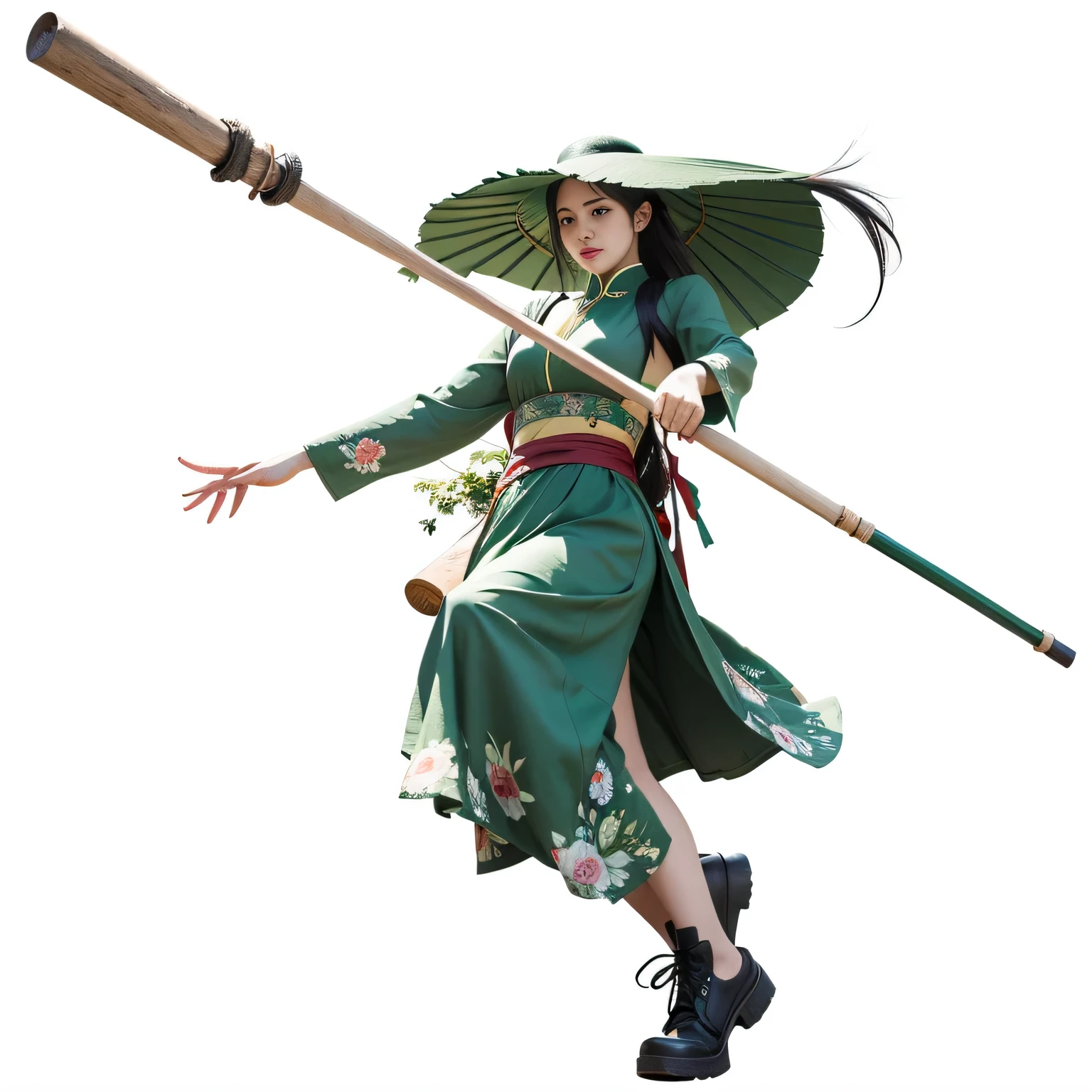 there is a woman in a green dress holding a large stick, guweiz, chinese concept art, artwork in the style of guweiz, artistic render of reimu hakurei, masterpiece , tatter , cheap and torn clothes , rag clothes