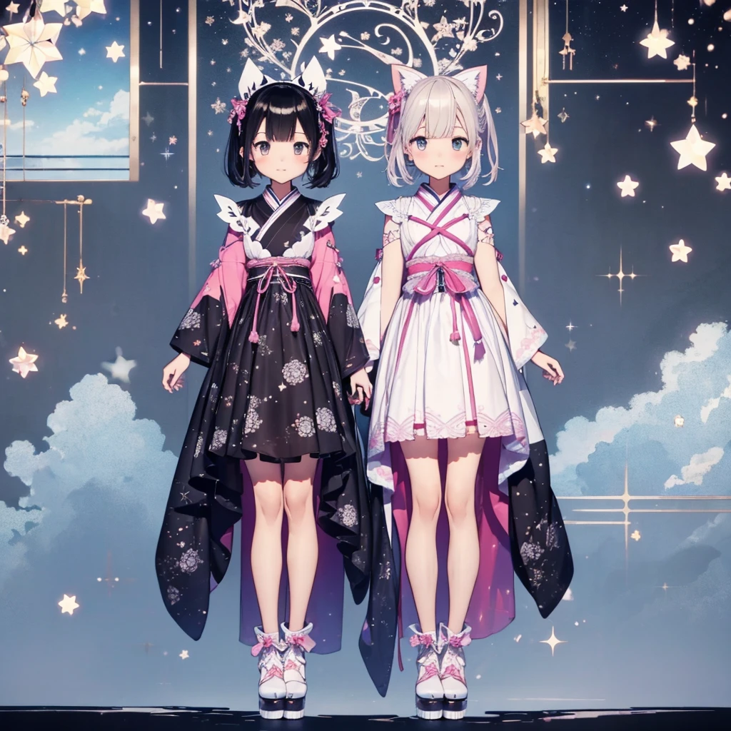 highest quality、８K,handsome face、vtuber-fullbody、視聴者に向かって真っすぐfrontの絵、Star Fairy、全身front立ち絵、front、1girl,highest quality、masterpiece、official art、Super detailed、super beautiful、かわいいStar Fairy、white straight short hair、Milky Way、universe、star charm、star、baby face、Knee-high boots、Japanese pattern dress、A beautiful girl wearing black and white clothes that are a remake of a yukata.、universeを思わせる花魁フリルドレス、simple background、