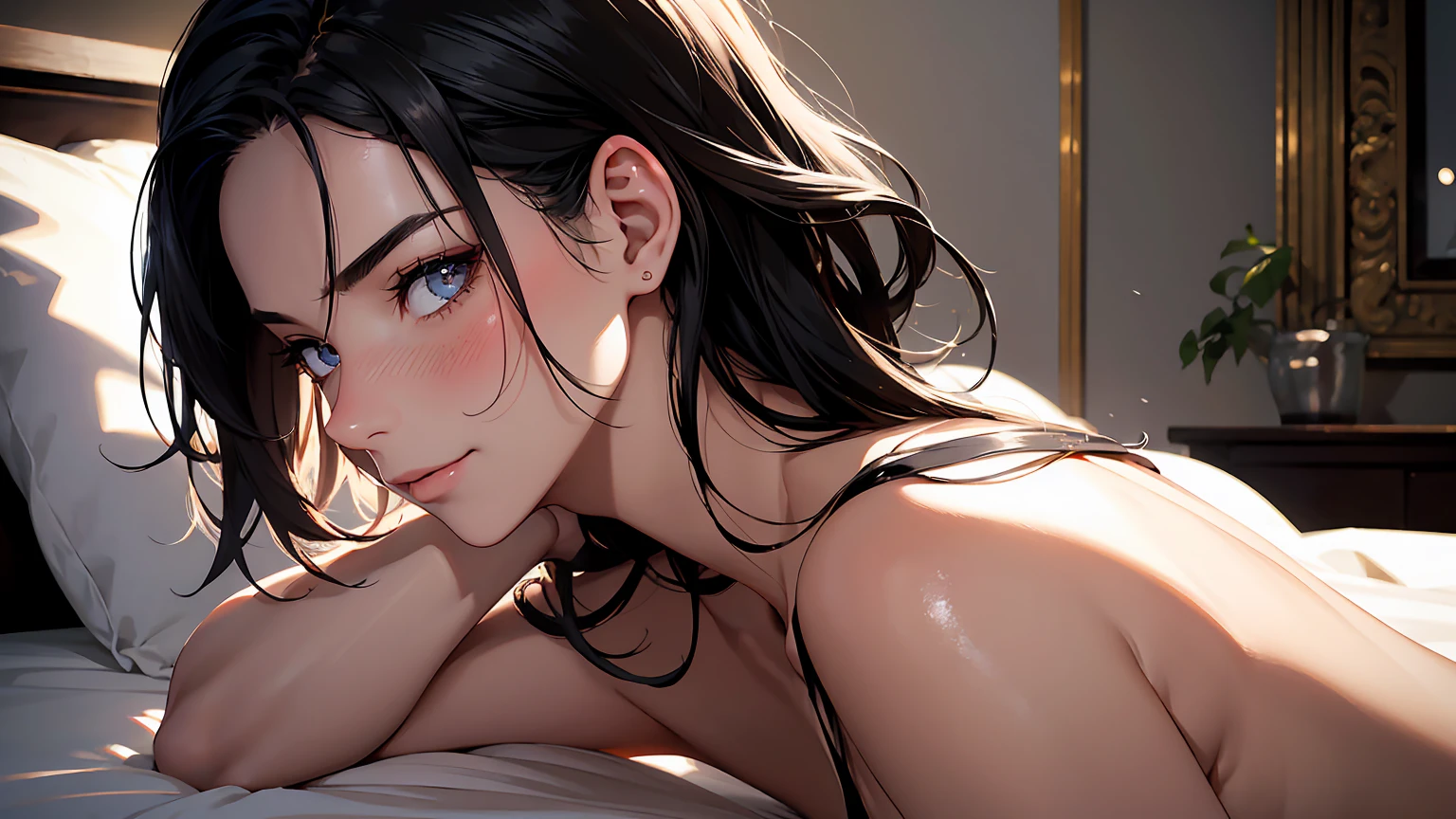 highly detailed, (SFW), portrait, 1 woman, black hair, nude, (perfect_Face), boundary, close up, mad, exist_Back, Gorgeous, complex, dramatic lighting, detailed_Background, full_Body, Best hair quality, Extra super detailed eyes, Extra high facial detail, side_body, eye reflection, focus on eyes, detailed top eyelashes, high textured skin, (low exposure:1.2), in bed, (after doing something:1.4), (sweat), (steam), (tired), heavy breathing, Smile, (light blush), temptation, flirtatious look, atmospheric perspective, caustics, 8K, masterpiece