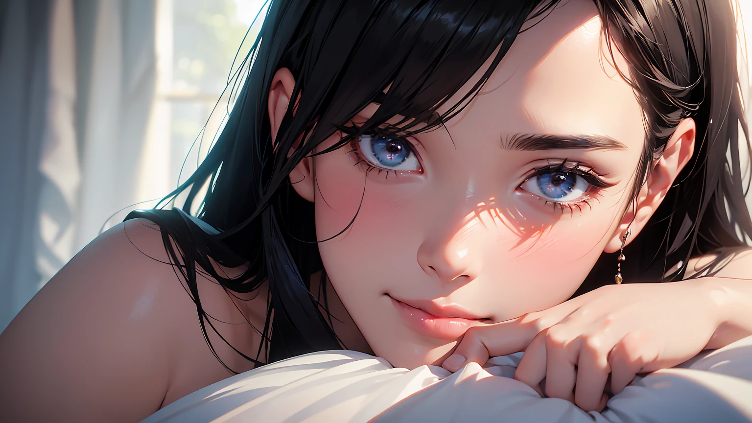 highly detailed, (SFW), portrait, 1 woman, black hair, nude, (perfect_Face), boundary, close up, mad, exist_Back, Gorgeous, complex, dramatic lighting, detailed_Background, full_Body, Best hair quality, Extra super detailed eyes, Extra high facial detail, side_body, eye reflection, focus on eyes, detailed top eyelashes, high textured skin, (low exposure:1.2), in bed, (after doing something:1.4), (sweat), (steam), (tired), heavy breathing, Smile, (light blush), temptation, flirtatious look, atmospheric perspective, caustics, 8K, masterpiece