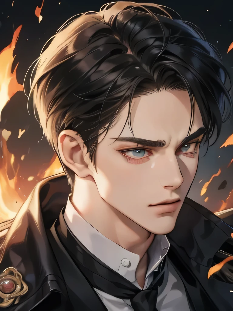 A high-resolution close-up of a dashing gentleman donning a sleek jacket and tie, meticulously detailed to accentuate every fabric fold and stitch. Inspired by the artistic genius of Zhang Han, this trending digital artwork on Pixiv captivates viewers with its stunning portrayal of an anime-style handsome man in a Demon Slayer-themed setting. The character portrait exudes a magnetic charm, capturing the essence of a captivating Eren Yeager from the acclaimed Attack on Titan series. With masterful strokes, the artist brings to life the alluring features of this handsome anime protagonist, showcasing his intense gaze and striking pose. This exquisite artwork bears the unmistakable signature style of Guweiz, known for his breathtakingly beautiful androgynous characters. The prince depicted