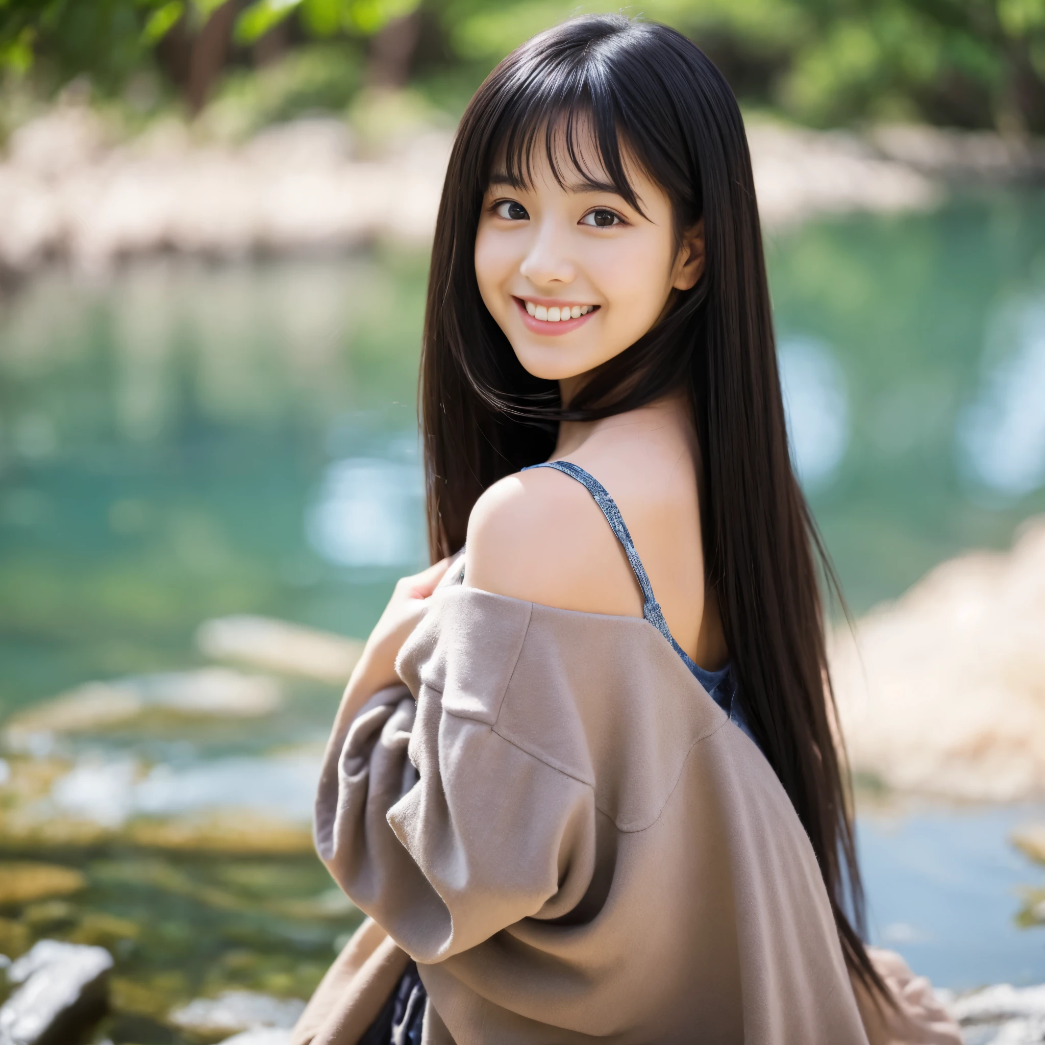 ((highest quality)), ((masterpiece)), (be familiar with), perfect face, cute, Japanese, Idol, long black hair, beautiful skin, smile, front