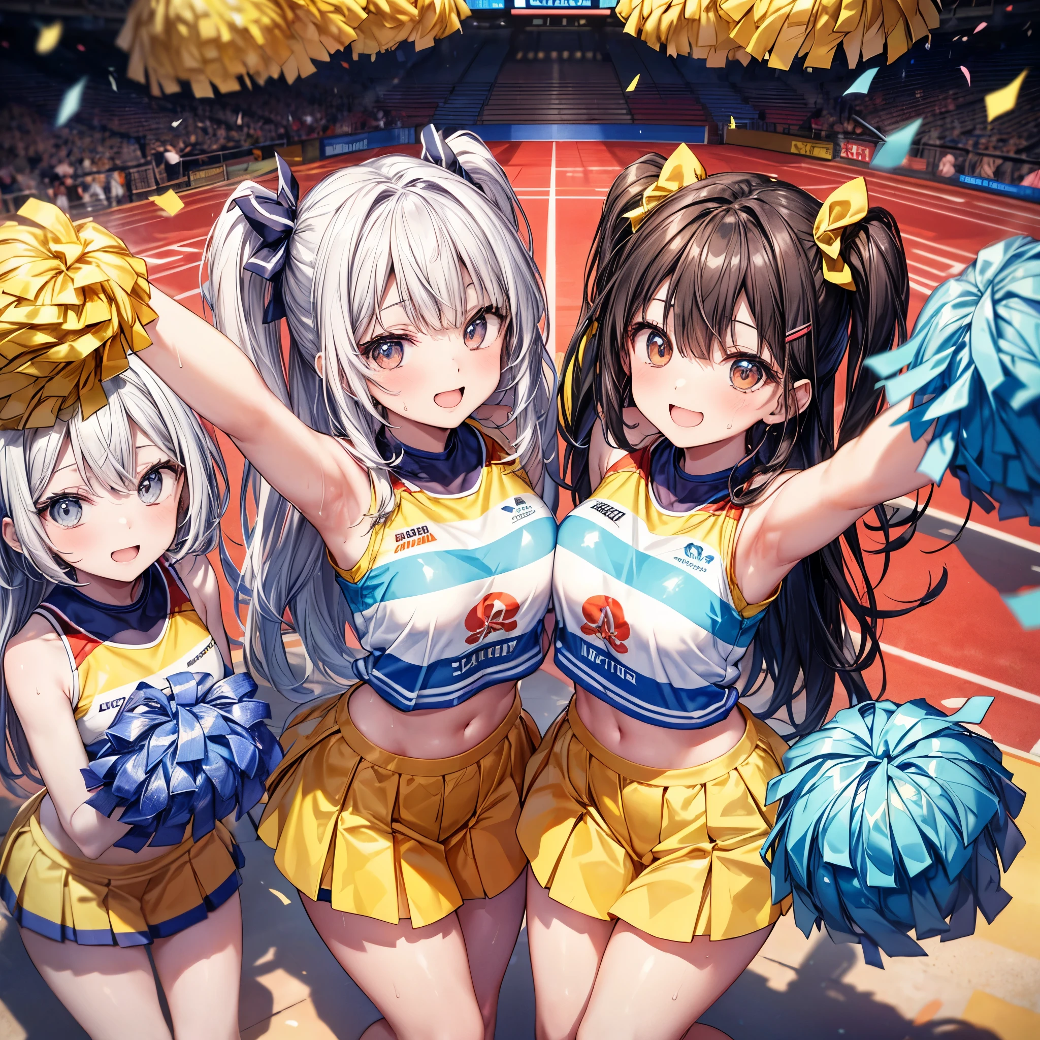 5 cheerleaders、((torso lift))、((torso lift))、from adove、((Composition from directly above))、everyone raises their hands、((perspective from above))、overlooking、dynamic composition、Cheerleading Team、Form a circle、best smile、shining sweat、celebratory mood、confetti、Banner behind「Congratulations」