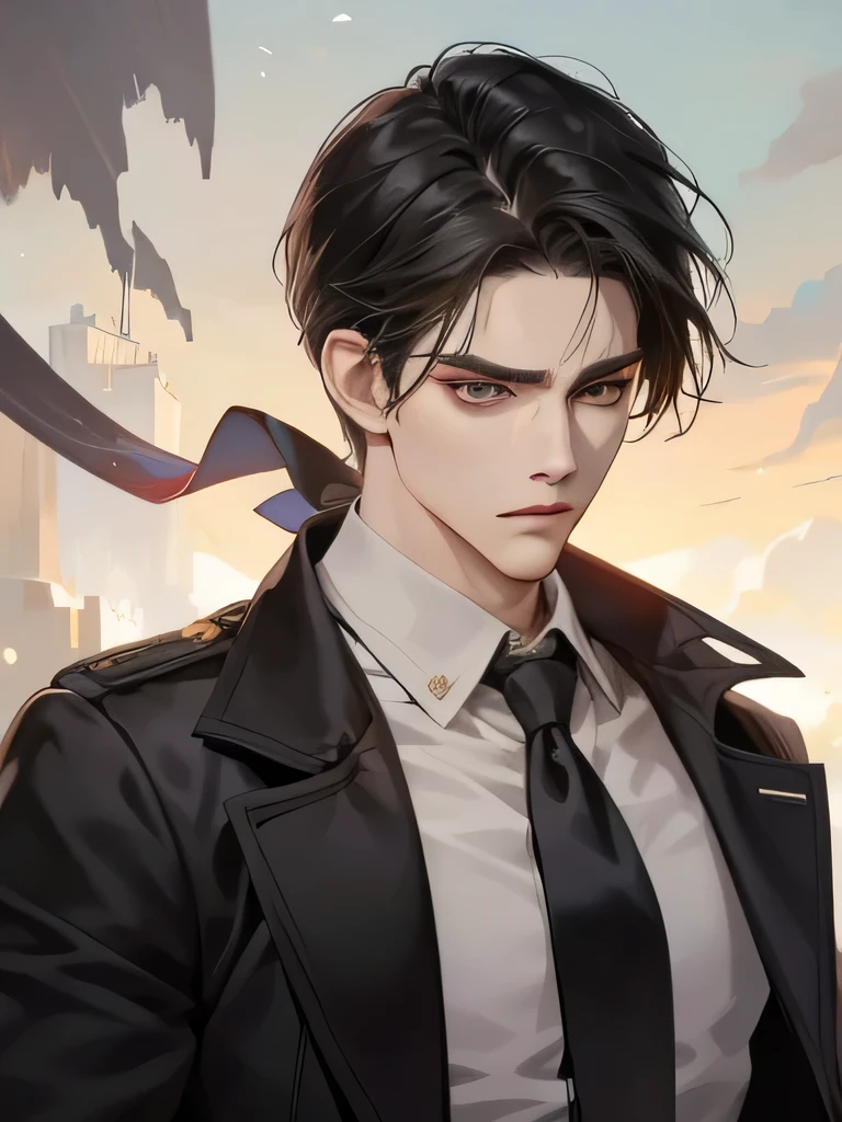 A high-resolution close-up of a dashing gentleman donning a sleek jacket and tie, meticulously detailed to accentuate every fabric fold and stitch. Inspired by the artistic genius of Zhang Han, this trending digital artwork on Pixiv captivates viewers with its stunning portrayal of an anime-style handsome man in a Demon Slayer-themed setting. The character portrait exudes a magnetic charm, capturing the essence of a captivating Eren Yeager from the acclaimed Attack on Titan series. With masterful strokes, the artist brings to life the alluring features of this handsome anime protagonist, showcasing his intense gaze and striking pose. This exquisite artwork bears the unmistakable signature style of Guweiz, known for his breathtakingly beautiful androgynous characters. The prince depicted
