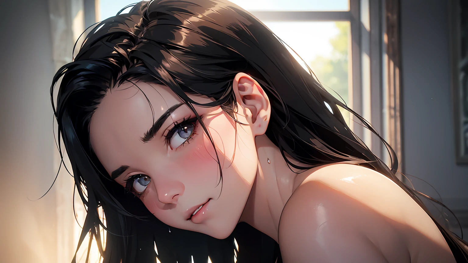 highly detailed, (SFW), portrait, 1 woman, black hair, nude, (perfect_Face), boundary, mad, exist_Back, Gorgeous, complex, dramatic lighting, detailed_Background, full_Body, Best hair quality, Extra super detailed eyes, Extra high facial detail, side_body, eye reflection, focus on eyes, detailed top eyelashes, high textured skin, (low exposure:1.2), (after doing something:1.4), (sweat), (steam), (tired), heavy breathing, Smile, (light blush), temptation, flirtatious look, atmospheric perspective, caustics, 8K, masterpiece