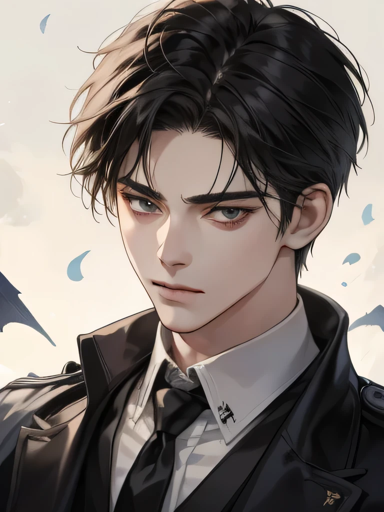 A high-resolution close-up of a dashing gentleman donning a sleek jacket and tie, meticulously detailed to accentuate every fabric fold and stitch. Inspired by the artistic genius of Zhang Han, this trending digital artwork on Pixiv captivates viewers with its stunning portrayal of an anime-style handsome man in a Demon Slayer-themed setting. The character portrait exudes a magnetic charm, capturing the essence of a captivating Eren Yeager from the acclaimed Attack on Titan series. With masterful strokes, the artist brings to life the alluring features of this handsome anime protagonist, showcasing his intense gaze and striking pose. This exquisite artwork bears the unmistakable signature style of Guweiz, known for his breathtakingly beautiful androgynous characters. The prince depicted