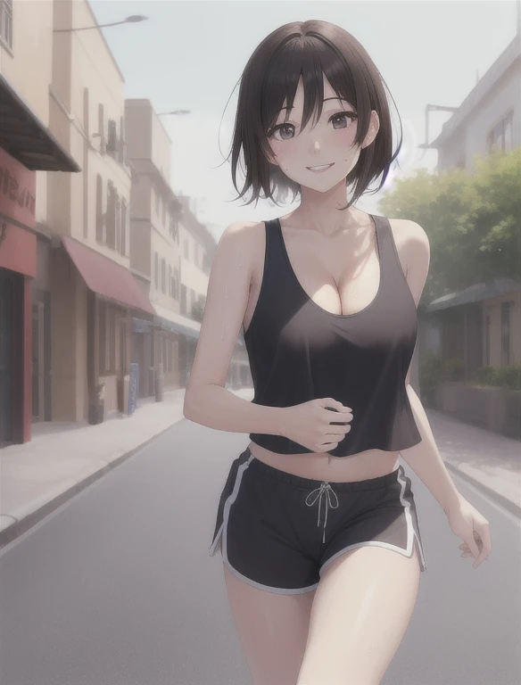 high quality、masterpiece、High resolution、early morning、1 girl、jogging、Tank top、shorts、big chest、Sweat、smile、cleavage、In town