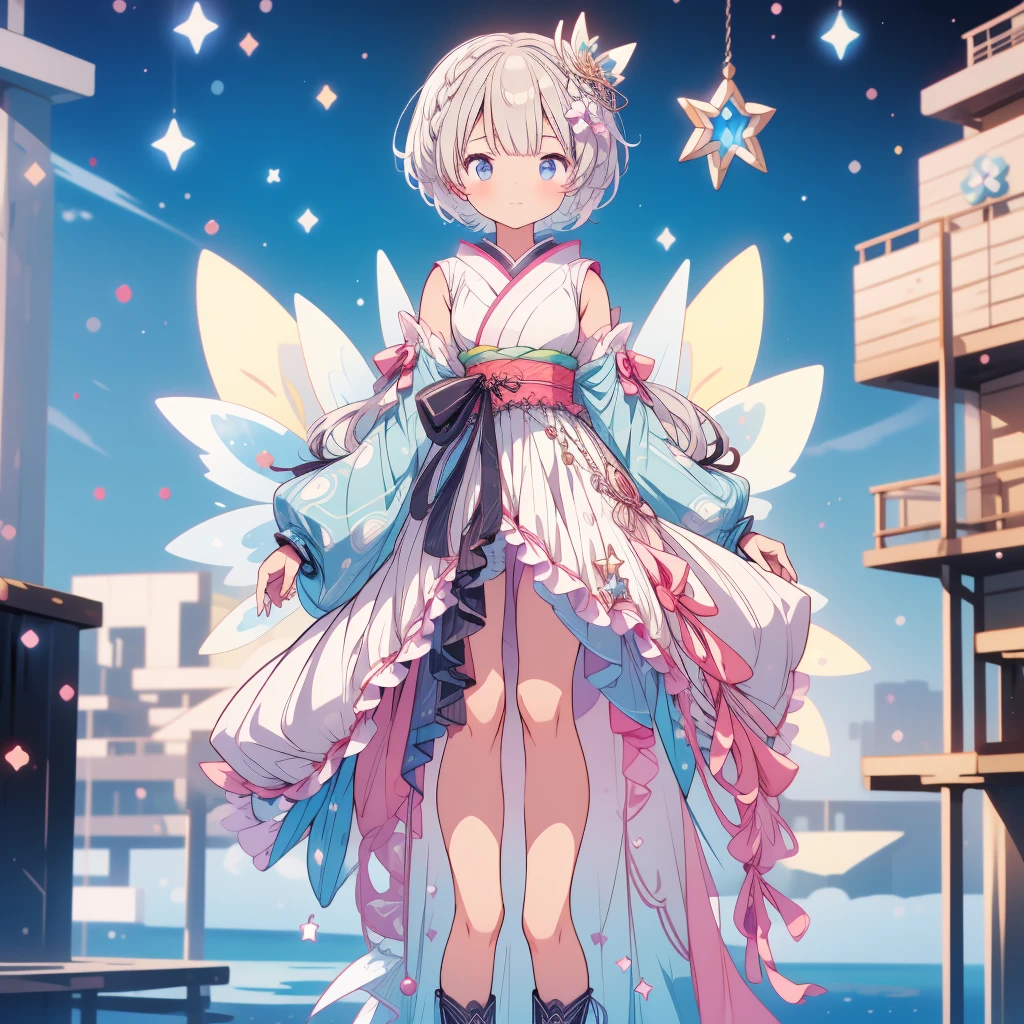 highest quality、8K,handsome face、vtuber-fullbody、視聴者に向かって真っすぐfrontの絵、Star Fairy、全身front立ち絵、front、1girl,highest quality、masterpiece、official art、Super detailed、super beautiful、かわいいStar Fairy、white straight short hair、Milky Way、universe、star charm、star、baby face、Knee-high boots、Japanese pattern dress、A beautiful girl wearing black and white clothes that are a remake of a yukata.、universeを思わせる花魁フリルドレス、simple background、
