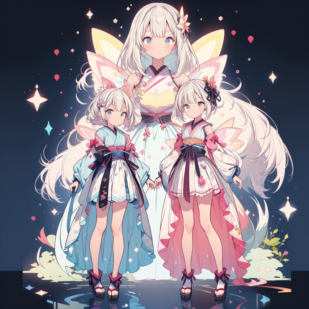 highest quality、８K,handsome face、vtuber-fullbody、視聴者に向かって真っすぐfrontの絵、Star Fairy、全身front立ち絵、front、1girl,highest quality、masterpiece、official art、Super detailed、super beautiful、かわいいStar Fairy、white straight short hair、Milky Way、universe、star charm、star、baby face、Knee-high boots、Japanese pattern dress、A beautiful girl wearing black and white clothes that are a remake of a yukata.、universeを思わせる花魁フリルドレス、simple background、