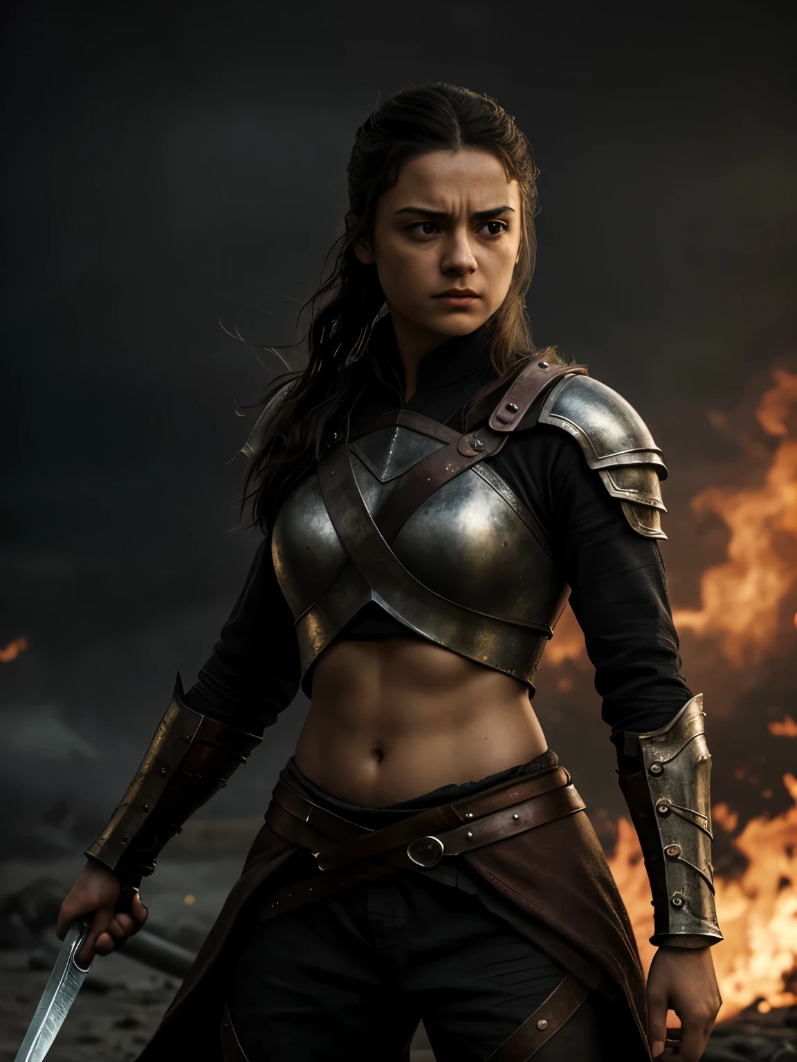 (best quality,4k,8k,highres,masterpiece:1.2),ultra-detailed,(realistic,photorealistic,photo-realistic:1.37),sword-wielding,ferocious,brave warrior,girl with a brave and determined expression,Arya Stark from Game of Thrones,detailed facial features,expressive eyes,sharp nose,fierce eyes,beautiful face,flowing hair,fine clothing and armor, round deep navel,powerful stance,confident posture,misty background,hint of smoke,fierce battle scene,warrior in action,heroic aura,gritty texture,strong contrast,vivid colors,highlights and shadows,stark contrast between light and dark,moody feel,mysterious lighting,dramatic composition,splashes of red and black,dynamic movement,strong presence,unforgettable,portrait of resilience and strength.