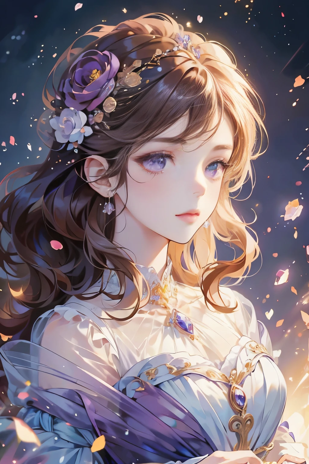 masterpiece,high resolution,((magic ball)),Dynamic bust of beautiful aristocratic girl,Elegant curly chestnut brown hair,purple eyes,Hair covered with beautiful and delicate florals, crystal jewelry filigree,Super detailed details。