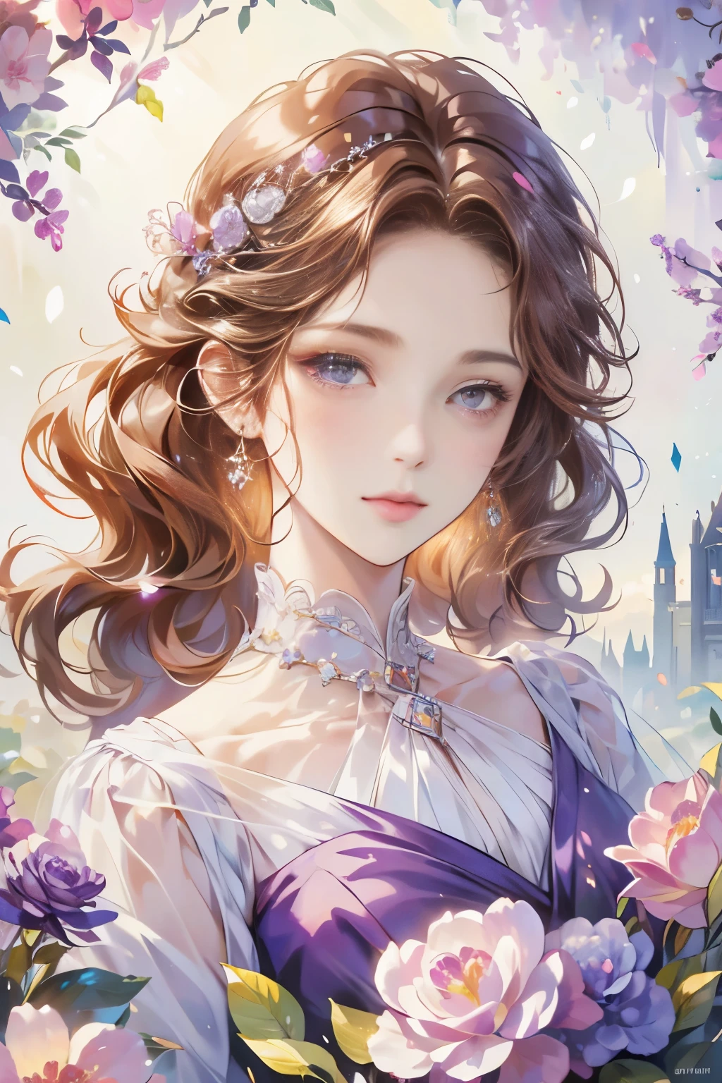 masterpiece,high resolution,((magic ball)),Dynamic bust of beautiful aristocratic girl,Elegant curly chestnut brown hair,purple eyes,Hair covered with beautiful and delicate florals, crystal jewelry filigree,Super detailed details。